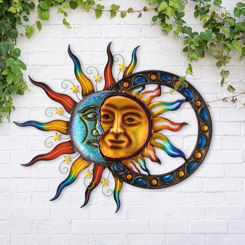Glitzhome Sun and Moon Wall Decor, 33.5 Inch Celestial Metal Wall Art with Glossy Color Finish and Antique Details, Outdoor Sun and Moon Decor for Garden Porch Patio Home by Glitzhome