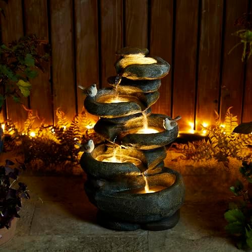 Glitzhome 5-Tier Cascading Rock Outdoor Water Fountain with LED Light & Pump, Natural Stacked Stone Look Water Fountain with Lively Birds for Garden, Patio, Porch, 23”H by Glitzhome