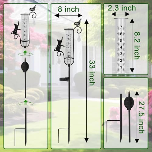33in Solar Cat Bird Rain Gauge Metal Garden Stake Black Sculpture Decor - Image 2