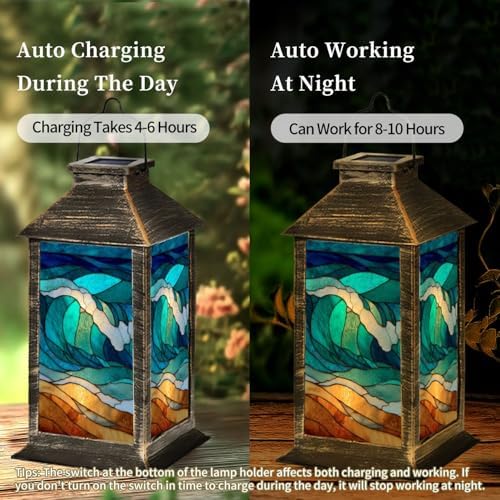 Solar Lantern Intricate Stained Glass Window Beach Waves Sunset Amber Glow Outdoor Waterproof Garden Hanging Lantern Solar Powered Lighting Outside Table Lamp for Patio Deck Camping 1 Pack - Image 3