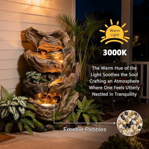 25.2" H 4-Tier Outdoor Water Fountain with LED Lights and Planter Pot, Cascading Wood-Look & Moss Waterfall Floor Fountain for Garden, Patio, Yard, Porch, Deck, Outdoor & Indoor Decor - Image 4