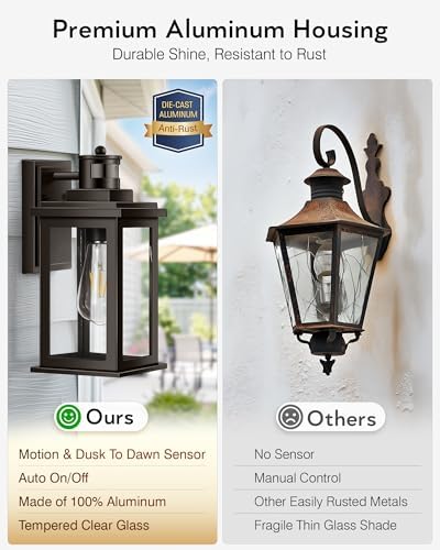 VIANIS 2 Pack Outdoor Lights for House, Brown Dusk to Dawn Motion Sensor Outdoor Light, Oil Rubbed Bronze Porch Lights Outdoor Lantern for Garden, Garage, Doorway, Aluminum,Hardwired, Non-Solar - Image 5