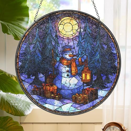 Stained Glass Window Hanging Snowman Lantern and Christmas Forest Sun Catchers Holiday Winter Scene Suncatchers for Living Room Garden Outdoor Indoor and Home Decor (9.8x9.8 in) - Image 2