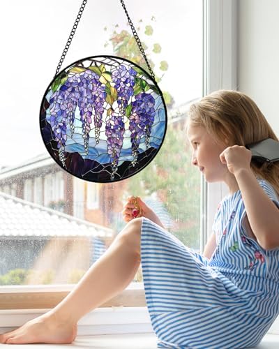 Stained Glass Window Hanging Wisteria Suncatcher Gifts for Women 12" by amderven
