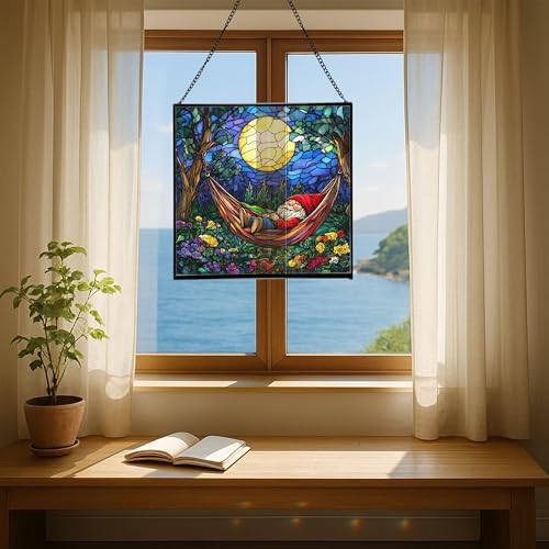 Moonrise Hammock Gnome Stained Glass Suncatcher – Square Hanging Window Panel for Home or Greenhouse – Whimsical Glass Art Gift for Garden Lovers, Christmas, Halloween, Father Days Tduknz - Image 6
