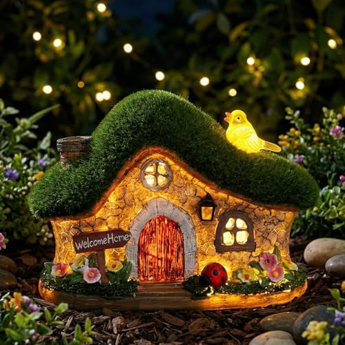 Resin Fairy House Statues with Solar Lights Outdoor for Garden Decor Funny Birds Ladybird Flocked Fairy House with Garden Figurine Patio Yard Lawn Decorations Gift for Mom Women (Green 1) by EKQ