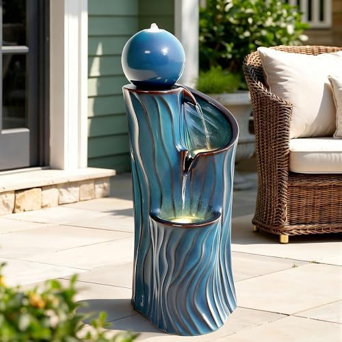 32" H Ceramic Outdoor Water Fountain, Art Sphere Dynamic Wave-Texture - Image 6