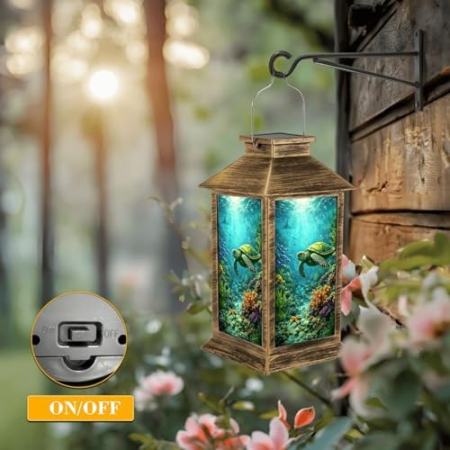 Solar Lantern Outdoor Waterproof Sea Turtle Teal Seagrass Coral Reefs Aquatic Plants Bubbles Sunlight Garden Decor LED Solar Lights Hanging/Tabletop Lamp Gifts for Women Mom for Outside Yard Patio - Image 5