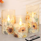 Sunflower Glass Flameless Candles Battery Operated with Remote Timer Flickering LED Pillar Candles Summer Fall Decorations Gifts for Women Mothers Day Birthday Table Centerpieces, Set of 3 - Image 4