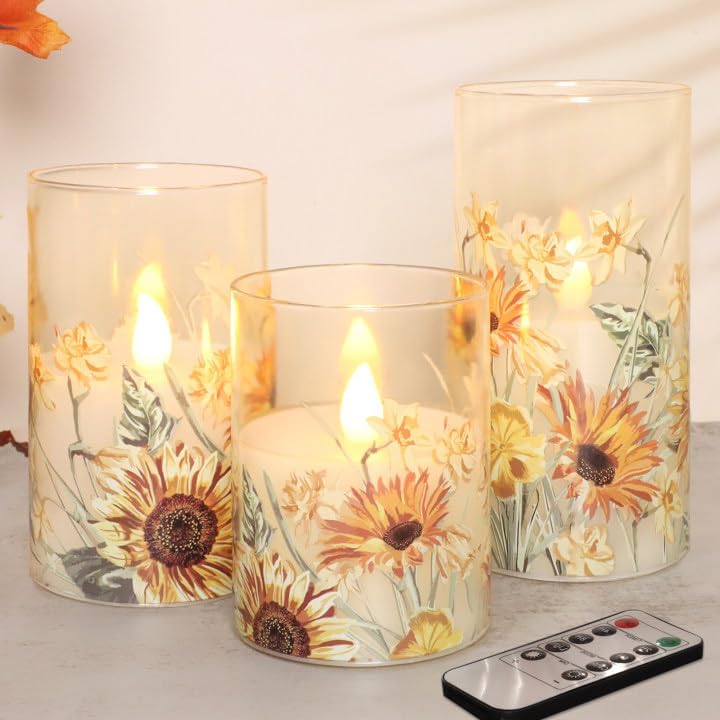 Sunflower Glass Flameless Candles Battery Operated with Remote Timer Flickering LED Pillar Candles Summer Fall Decorations Gifts for Women Mothers Day Birthday Table Centerpieces, Set of 3 - Image 4