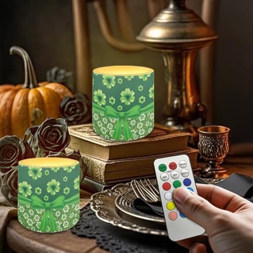 4 Pcs Flickering Flameless Candles with Remote Battery Operated Pillar Candles with Timer St Patrick's Day Shamrocks Ribbon Print LED Pillar Tealights for Patio Banquet Home Decor - Image 4