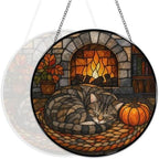 Fireplace Sleeping Cat Stained Glass Suncatcher 11.8" Colorful Window Hanging Ornament, Sun Catcher Decor for Bathroom Front Door Living Room Home Wall Garden - Image 5