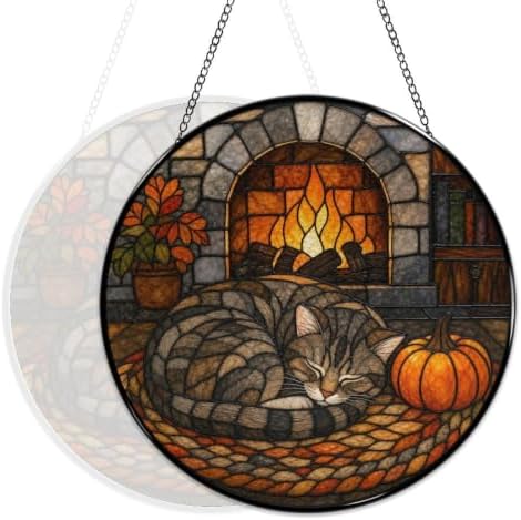 Fireplace Sleeping Cat Stained Glass Suncatcher 11.8" Colorful Window Hanging Ornament, Sun Catcher Decor for Bathroom Front Door Living Room Home Wall Garden - Image 5