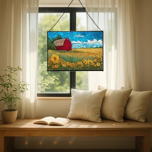 Barn Surrounded by Summer Wildflowers Rectangular Stained Glass Suncatcher – Hanging Window Panel with Animal & Nature Scene – Vibrant Glass Art Gift for Wildlife, Fantasy, Nature Lovers UGt1vK - Image 7