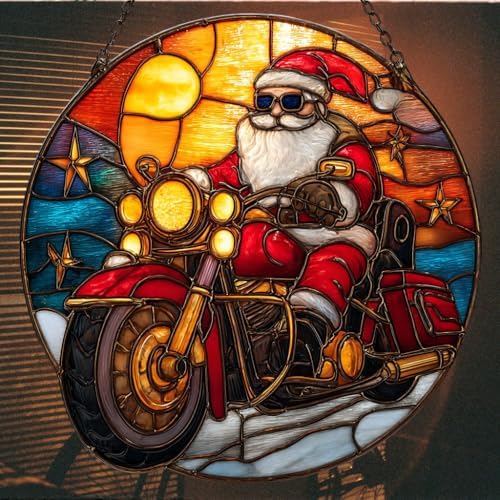 Cool Retro Santa Riding Motorcycle Mosaic Acrylic Suncatcher - Image 7