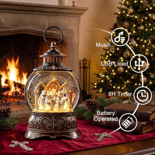 Christmas Snow Globe Lantern with Nativity Scene and Wise Men, Musical Water Lantern with Swirling Glitter, 6H Timer, USB Powered or Battery Operated, Vintage Christmas Tabletop Decor Gift - Image 2