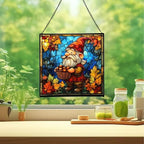 Gnome with Acorn Basket Stained Glass Suncatcher – Square Hanging Window Panel for Home or Greenhouse – Whimsical Glass Art Gift for Garden Lovers, Christmas, Halloween, Father Days XSKOKa - Image 2