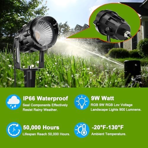 9W Low Voltage Landscape Lighting with Connectors RGB Color Changing LED Landscape Spotlight Remote Control Waterproof Spot Lights Garden Patio Spotlight Decorative for Outdoor 12V AC DC - Image 2