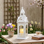 TRIROCKS Rustic Style Metal Candle Lantern 13'' High Decorative Outdoor Lantern Candle Holder with Tempered Glass House Shape for Home Living Room Garden Patio Parties Indoors Outdoors (White) - Image 5