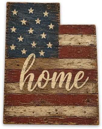 Utah "Home" State Shape Sign — Vintage American Flag Wall Decor — UV-Printed Aluminum (Not Real Wood) — Patriotic State Pride Art for Indoors & Outdoors — Made in USA by MRC+Wood+Products