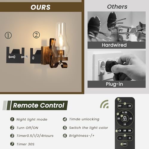 Battery Operated Wall Sconces, Rustic Wall Lights Set of 2, Non-Hardwired Antique Kerosene Wall Lamps, Vintage Bedside Distressed Gold Wall Sconces with Remote for Living Room Bedroom Hallway - Image 3