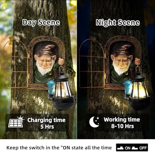 Garden Gnome Statue, Tree Faces Decor Outdoor with Solar Lantern - Image 2