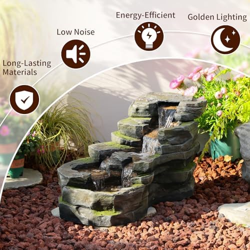 Sunlinua Garden Water Fountain Outdoor Feature, 5-Tier Rock Water Fall Fountains, Natural Waterfall Outdoor Fountains with Pump, LED Lights for Patio, Porch, Home Art Decor, 31 Inch Length - Image 3
