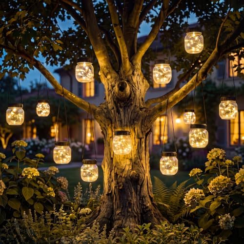 Kolpop Solar Lights Outdoor Waterproof 12 Pack, Solar Powered Hanging Lantern with 28 LED, Cracked Glass Hanging Globes for Garden Patio Fence Yard Christmas Tree Decoration,Warm White by kolpop
