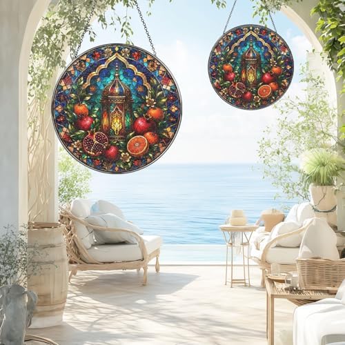 Stained Glass Window Hanging Lantern and Pomegranate Sun Catchers Colorful Mediterranean Fruit Glass Art Suncatchers for Living Room Garden Outdoor Indoor and Home Decor (9.8x9.8 in) - Image 5