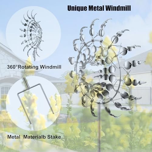 Windmill for Yard and Garden,Wind Spinner,Magical Metal Windmill, 3D Wind Powered Kinetic Sculpture, Dual-Tiered Opposite-Directional Rotation, Stainless Steel Wind Spinners (Silver) - Image 2