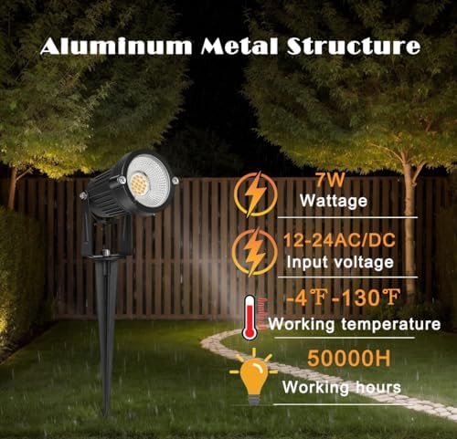 Low Voltage Landscape Lights IP65 Waterproof 7W 700LM LED Outdoor Lighting with Connectors for Garden Yard Pathway Pool | 12V 24V 2700K Tree Spotlights | Warm White - 6 Pack - Image 2
