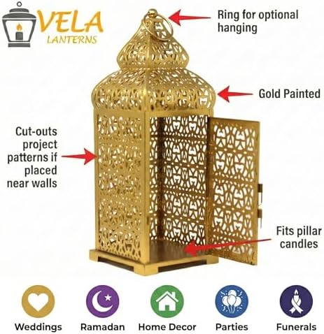 VELA LANTERNS 8pc Golden Temple Moroccan Lantern Lamp Decorative Candle Holders for Ramadan Decorations, Hanging, Outdoor Patio or Porch, Indoor Home Decor, Gold, (11" and 15" Tall) - Image 6