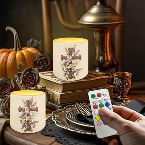 LED Pillar Fake Candles Battery Operated Flower Cross Waterproof Outdoor Lighting Color Changing Remote Control Flameless Candles 4 Pack for Independence Day or Daily Life - Image 2