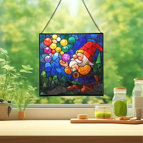 Bubble Blowing Gnome Stained Glass Suncatcher – Square Hanging Window Panel for Home or Greenhouse – Whimsical Glass Art Gift for Garden Lovers, Christmas, Halloween, Father Days VztFRs - Image 2