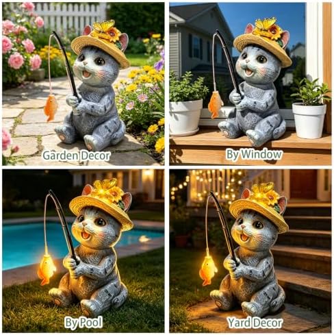 Solar Garden Cat Statues, Outdoor Fishing Cat with Butterfly Solar Lights - Image 6