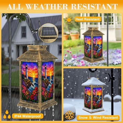 Solar Lantern Outdoor Waterproof Colorful Stained Glass Lighthouse Ocean Waves Sunset Flowers Garden Decor LED Hanging Solar Lights Tabletop Lamp Gifts for Women Mom Outside Yard Patio Porch - Image 3
