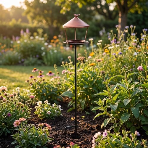 Bird Bath Feeder Elevated Tray Bowl Basin Stake with Iron Metal Decor for Wildlife and Feeding Quick Stake Mount Suitable for Backyard Garden Patio, Copper, Leaf Bird Feeder - Image 2