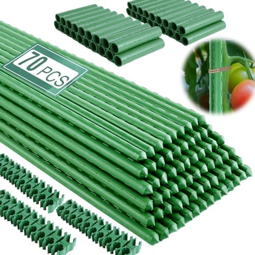 Fabulas Garden Stakes 16 Inch 70 Pack, Diy 4ft 5ft 6ft 7ft 8ft Tomato Stakes Plastic Coated Metal Plant Sticks Stakes Supports with 40 Connectors 30 Rotatable Clips for Indoor Outdoor Plants Vegetable by Fabulas