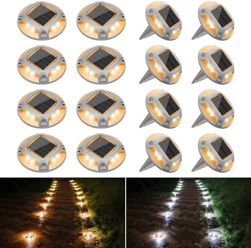 VOLISUN Solar Driveway Lights Dock Deck Lights 16 Pack,2 Colors in 1 Led IP67 Waterproof Outdoor Warning Step Lights for Driveway Sidewalk Pathway (White/Warm White) by VOLISUN