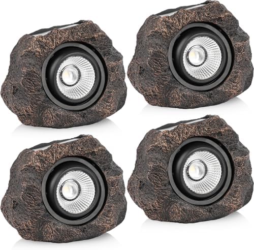 Solar Rock Lights Outdoor – 4 Pack Waterproof LED Landscape Garden Spotlights, Realistic Stone Design, Wireless Solar Powered Pathway Lights for Yard, Walkway, Patio & Lawn Decoration (Auto On/Off) by VISFLAIR
