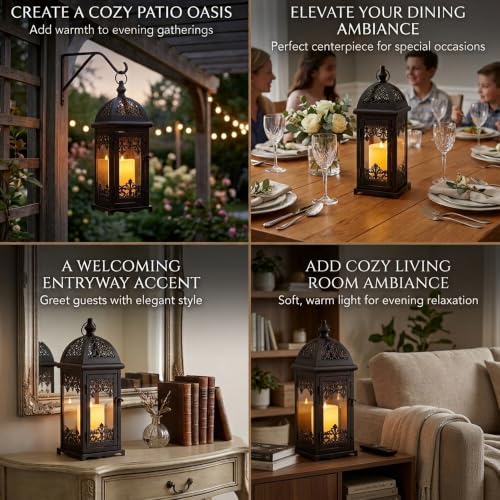 JHY DESIGN 15" High Decorative Candle Lantern Metal Candle Holder Vintage Hanging Lantern with Tempered Glass for Indoor Outdoor Home Living Room Wedding Party Patio Porch Decor (Black with Red Brush) - Image 6