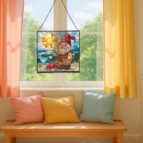 Coastal Gnome Day Stained Glass Suncatcher – Square Hanging Window Panel for Home or Greenhouse – Whimsical Glass Art Gift for Garden Lovers, Christmas, Halloween, Father Days MDrNXL - Image 5
