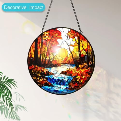 Sunset Suncatcher Stained Glass Window Hanging Decor - Tree River Sun Catchers Indoor Home Outdoor Garden Decorations - Handmade Wall Art Ornaments Panels - Birthday Gifts for Women Men Mom Grandma - Image 4