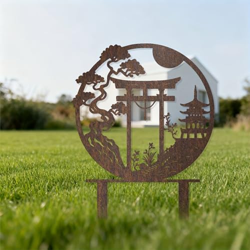 Japanese-Inspired Garden Stake Set - Rust-Covered Metal Sparrow, Torii Gate & Pagoda Sculptures, Zen Outdoor Decor for Lawns, Gardens & Meditation Spaces, for Japanese Culture Enthusiasts - Image 4