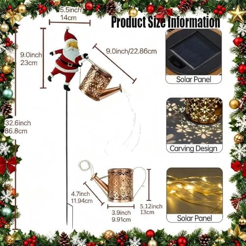 Solar Santa Claus Watering Can Light, Vintage Metal Outdoor Hanging Lantern for Garden Patio Yard Path, Christmas Decorative Lamp (Colorful) - Image 2
