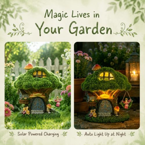 TERESA'S COLLECTIONS Fairy House Solar Light Green Moss Resin Statue 8" - Image 5