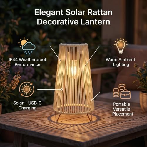 Luocute Solar Lantern Outdoor, IP44 Rainproof Rattan Decorative Light with Vintage Style for Garden Patio Yard, Grandma Hanging Solar Lights Outdoor Handwoven Rattan Garden Decor (Trapezoid White) - Image 4