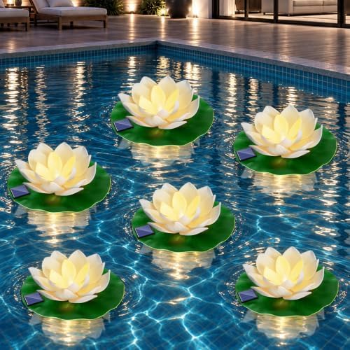 6 PCS Floating Lotus Flower Solar Pool Lights with Lily Pads - 7.09'' Large Realistic Floating Foam Lotus Flowers Solar Lily Lights for Pond Fountain Garden Wedding Pool Party Decor - Image 2