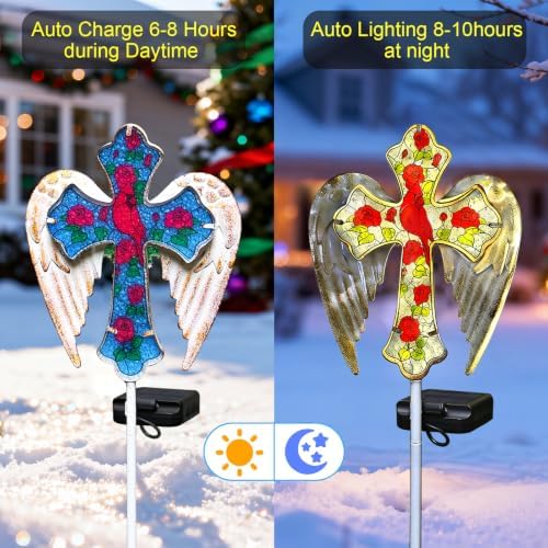 Cardinal Bird&Rose Solar Cross Garden Stake Light ,Christmas Decor Gifts - Image 2