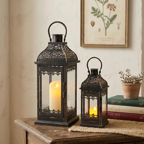 JHY DESIGN 13''&19.5''H Decorative Candle Lanterns Set of 2 Vintage Hanging Lantern Metal Candle Holder for Garden Living Room Indoor Outdoor Parties Weddings Balcony(Black with Gold Brush) - Image 4